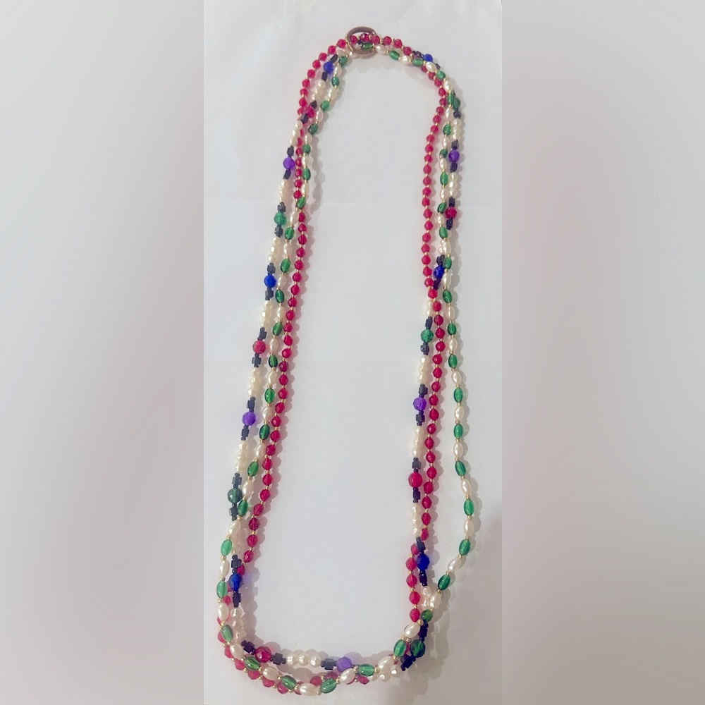 Vintage Faux Pearl, Purple, Green, Red, Blue, Black Bead Necklace - 34” - NOS